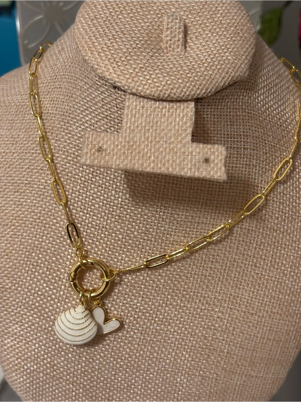 Gold Chain Necklace with White Shell and Heart Charms